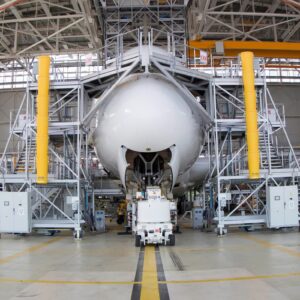 A380 with scaffolding in square format A380 in a hangar with scaffolding